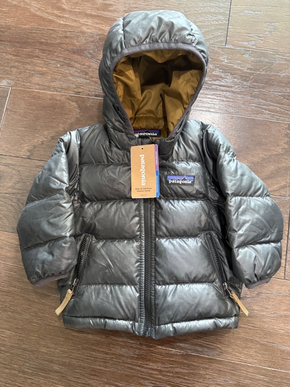 Patagonia Baby Hooded Puffer Jacket in Forge Grey with Brown Lining